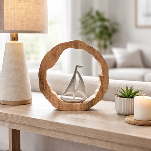 23072-04#11x11" Sailboat In Wood Round, Silver/natural