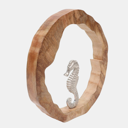 23072-05#11x11" Seahorse In Wood Round, Silver/natural