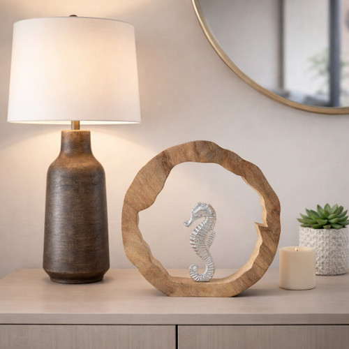 23072-05#11x11" Seahorse In Wood Round, Silver/natural