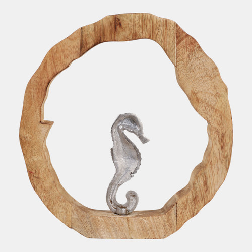 23072-05#11x11" Seahorse In Wood Round, Silver/natural