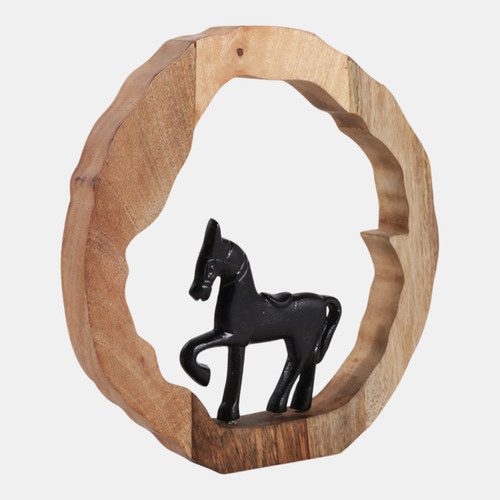 23072-06#11x11" Horse In Wood Round, Black/natural