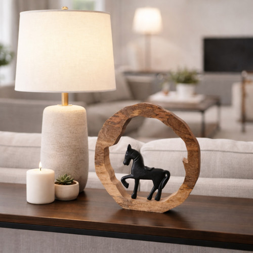 23072-06#11x11" Horse In Wood Round, Black/natural