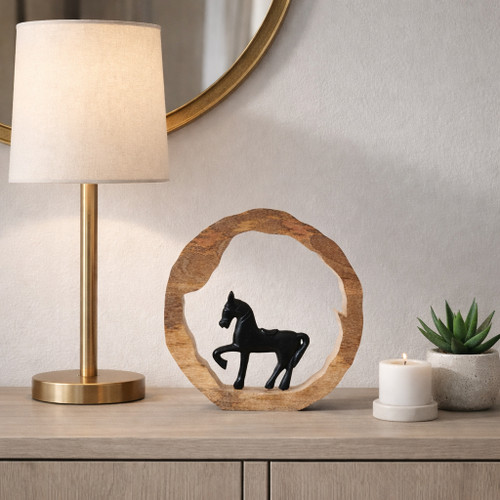 23072-06#11x11" Horse In Wood Round, Black/natural