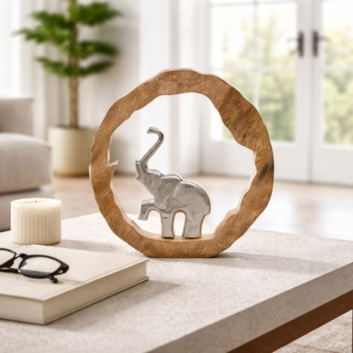 23072-07#11x11" Elephant In Wood Round, Silver/natural