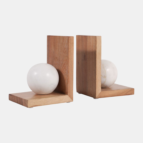 23081#S/2 6" Bookend With Marble Orb, Natural/white