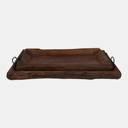 23173#S/2 21/24" Reclaimed Wood Trays W/ Metal Handles, 