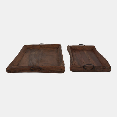 23173#S/2 21/24" Reclaimed Wood Trays W/ Metal Handles, 