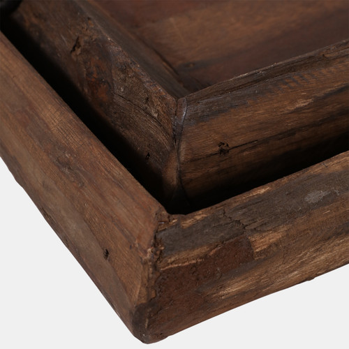 23173#S/2 21/24" Reclaimed Wood Trays W/ Metal Handles, 
