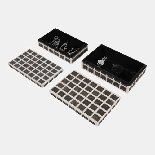 23207#S/2 10/11" Etched Squares Resin Boxes, Ivory/brown