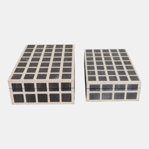 23207#S/2 10/11" Etched Squares Resin Boxes, Ivory/brown