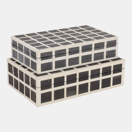 23207#S/2 10/11" Etched Squares Resin Boxes, Ivory/brown