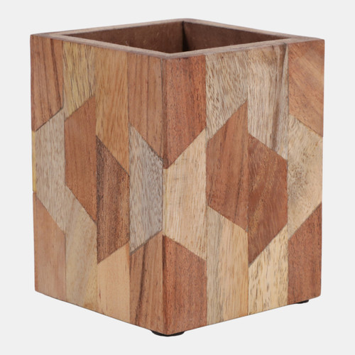 23228#4x3" Wood Inlay Pencil Cup, Brown
