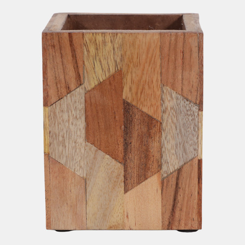 23228#4x3" Wood Inlay Pencil Cup, Brown
