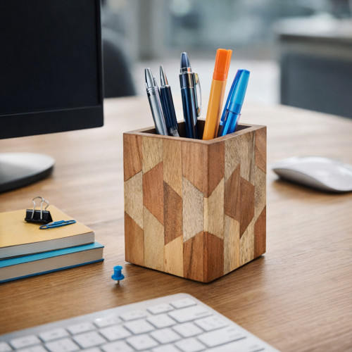 23228#4x3" Wood Inlay Pencil Cup, Brown