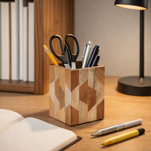 23228#4x3" Wood Inlay Pencil Cup, Brown