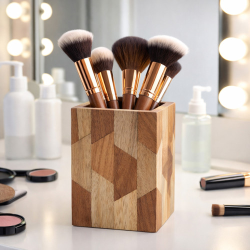 23228#4x3" Wood Inlay Pencil Cup, Brown