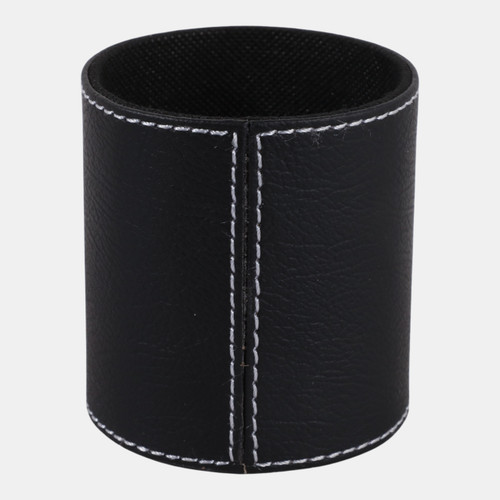 23233-01#4x3" Faux Leather Pencil Cup W/ Stitching, Black
