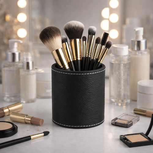 23233-01#4x3" Faux Leather Pencil Cup W/ Stitching, Black
