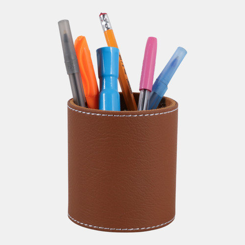 23233-02#4x3" Faux Leather Pencil Cup W/ Stitching, Camel

