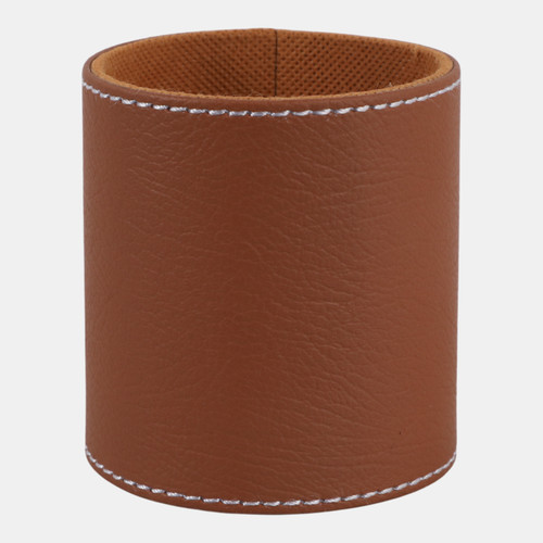 23233-02#4x3" Faux Leather Pencil Cup W/ Stitching, Camel
