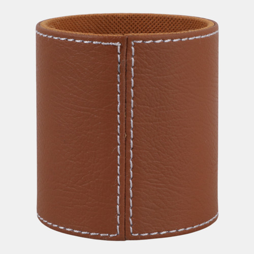 23233-02#4x3" Faux Leather Pencil Cup W/ Stitching, Camel
