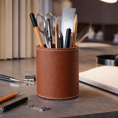 23233-02#4x3" Faux Leather Pencil Cup W/ Stitching, Camel
