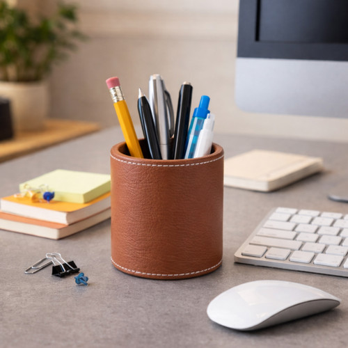 23233-02#4x3" Faux Leather Pencil Cup W/ Stitching, Camel
