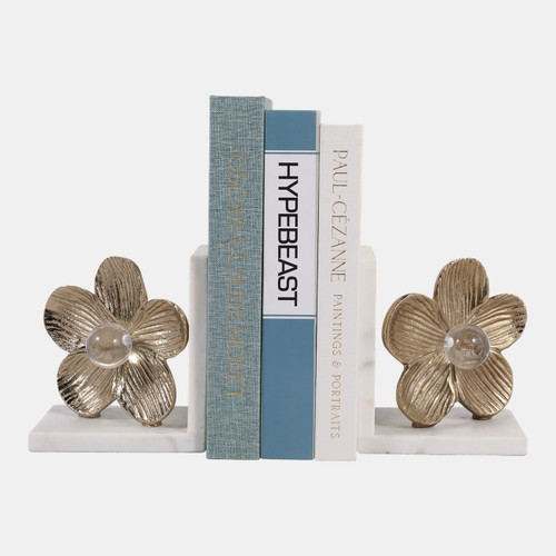 23320#S/2 11" Flower W/ Acrylic Orb Bookends, Gold/white