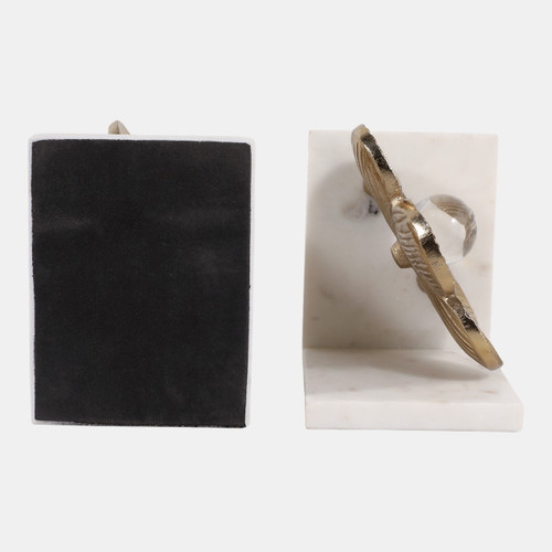 23320#S/2 11" Flower W/ Acrylic Orb Bookends, Gold/white