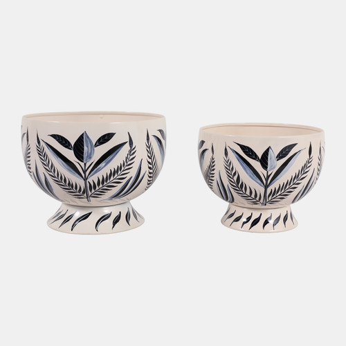 23327#S/2 9/10" Handpainted Pedestal Planters, Blue/whit