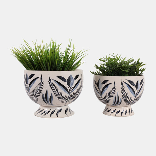 23327#S/2 9/10" Handpainted Pedestal Planters, Blue/whit