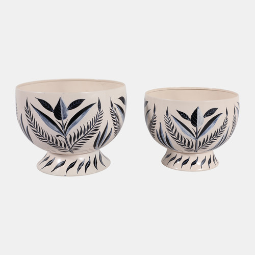 23327#S/2 9/10" Handpainted Pedestal Planters, Blue/whit