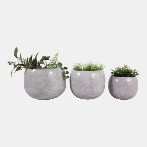 23328-02#S/3 9/12/14" Marbled Finish Round Metal Planters, 