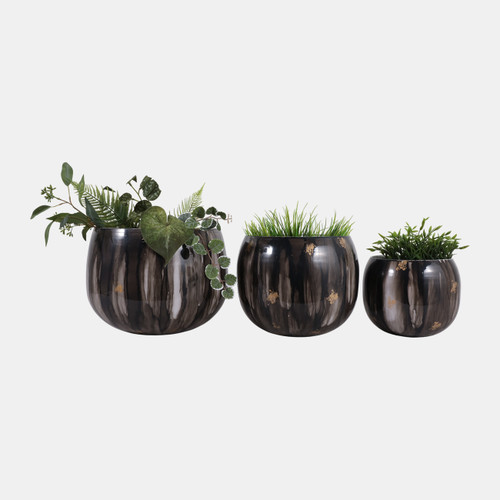 23328-04#S/3 9/12/14" Marbled Finish Round Metal Planters, 