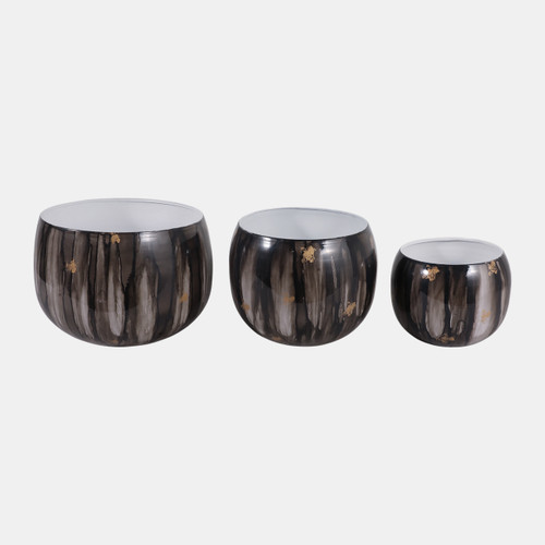 23328-04#S/3 9/12/14" Marbled Finish Round Metal Planters, 