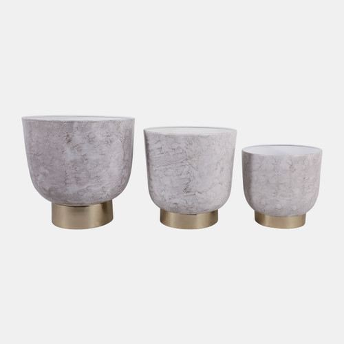 23332-01#S/3 10/12/14" Marbled Finish Planters, Ivory/gold