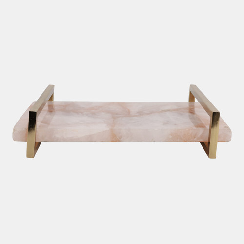 18800-01#14x9" Rose Quartz Tray W/ Gold Handles, Pink