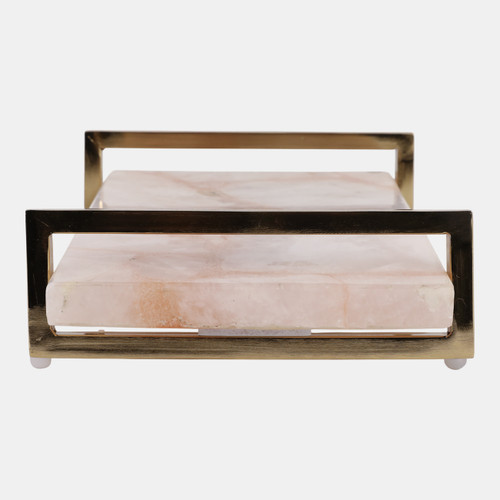 18800-01#14x9" Rose Quartz Tray W/ Gold Handles, Pink