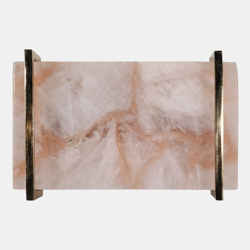18800-01#14x9" Rose Quartz Tray W/ Gold Handles, Pink