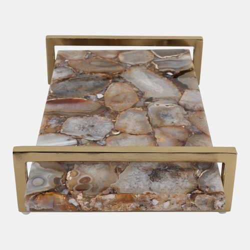 18800-02#14x9" Agate Tray W/ Gold Handles, Brown