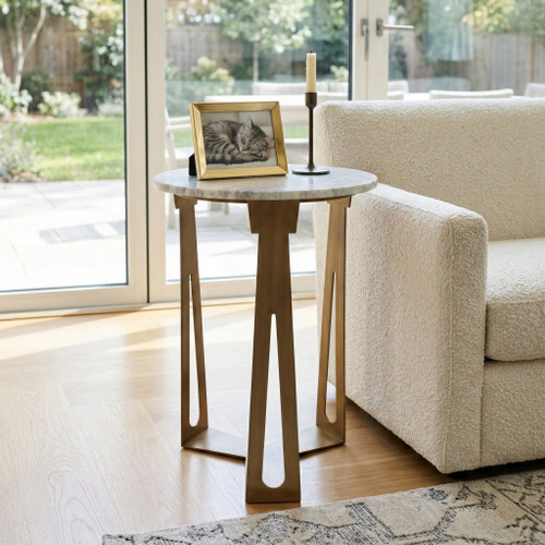 23335#22x16" Modern Marble & Metal Accent Table, Ivory/g