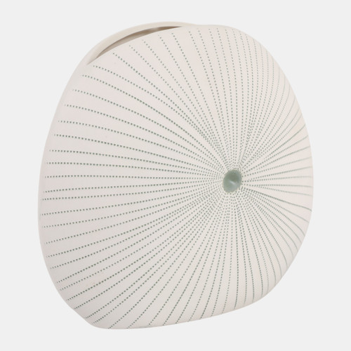 21582-07#10x9" Round Dotted Shell Vase, White/green