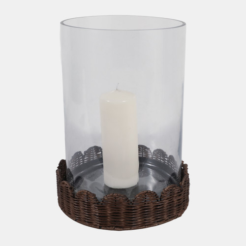 23356-02#15x11" Raffia Short Scallop Base Hurricane, Brown