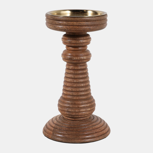 23358-01#7x4" Ribbed Mango Wood Pillar Holder, Natural