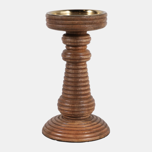 23358-01#7x4" Ribbed Mango Wood Pillar Holder, Natural