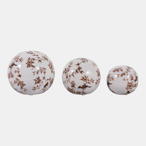 23347#S/3 4/5/6" Birds & Blooms Orbs, Brown/white