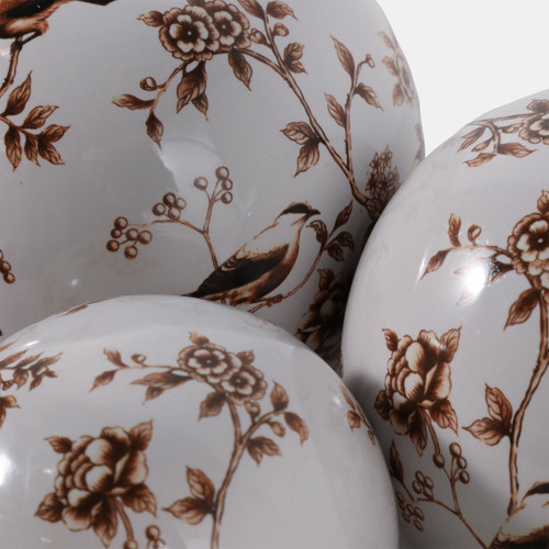23347#S/3 4/5/6" Birds & Blooms Orbs, Brown/white