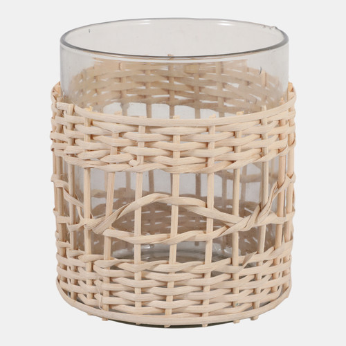 23396#7x6" Woven Jute & Rattan Hurricane, Natural/clear