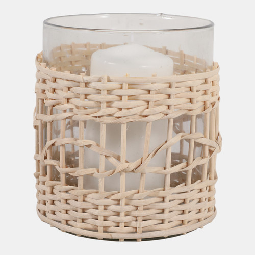 23396#7x6" Woven Jute & Rattan Hurricane, Natural/clear