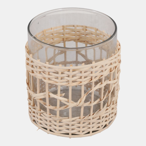 23396#7x6" Woven Jute & Rattan Hurricane, Natural/clear
